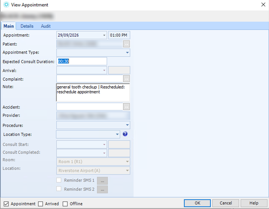 View Appointment, Main tab. Patient and provider names blurred.